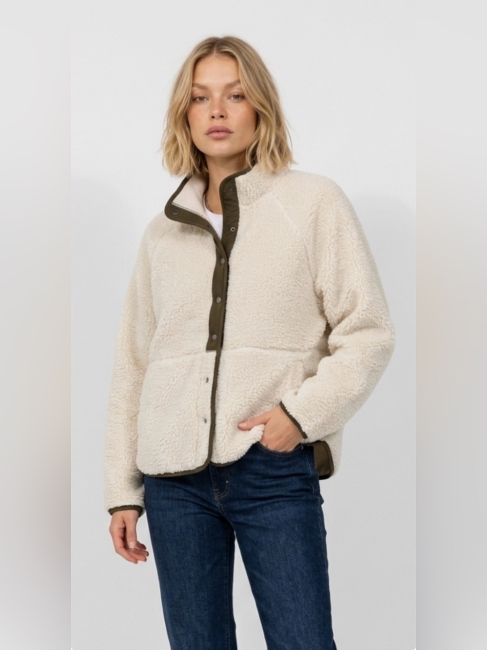 Sonoma Cream Sherpa Jacket with Olive Trim